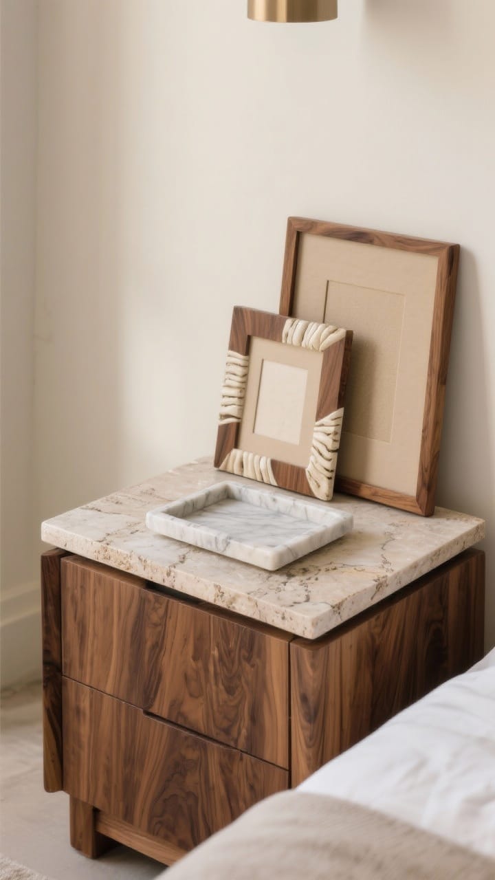 Detail of organic wood and stone accents, a walnut bedside table with a travertine catchall and marble tray