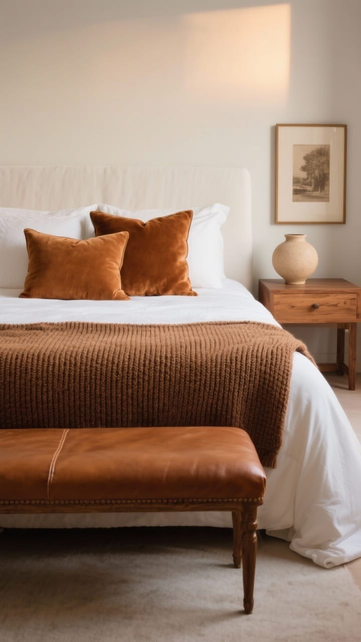 Ivory-bedded scene warmed with caramel and cocoa accents, a cognac leather bench and a cocoa knit throw