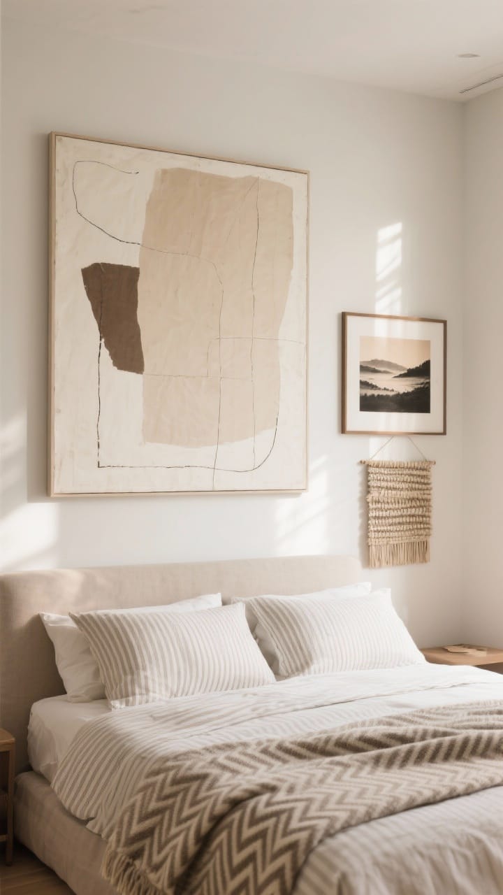 Wall view with soft art and subtle pattern, an oversized abstract canvas in cream, sand and taupe