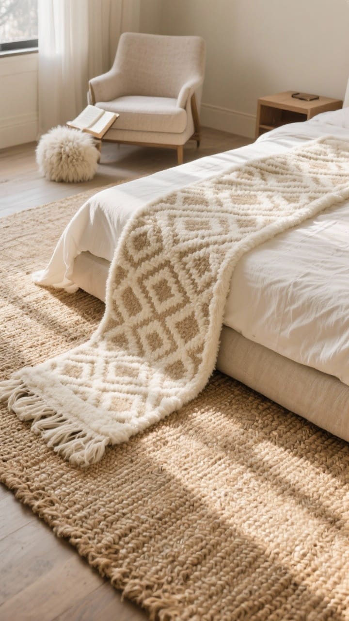 Overhead view of layered rugs beside a bed, a jute base topped with a plush cream-on-beige runner