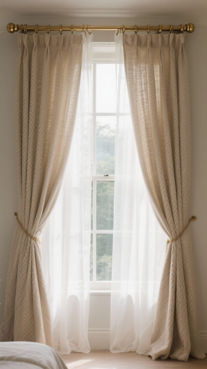 Window dressed in soft layers with sheer ivory panels under heavyweight oatmeal drapes