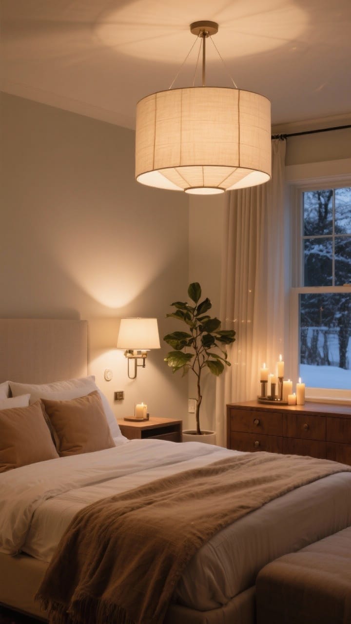 Wide winter bedroom emphasizing layered lighting with warm lamps, sconces and a soft accent glow