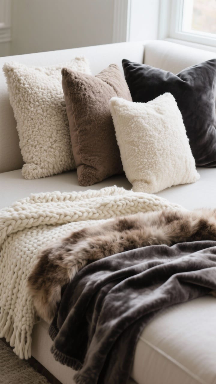 Closeup of layered winter textiles on a neutral sofa: a chunky cream knit throw, a taupe faux fur throw and a charcoal velvet throw with mixed-texture pillows in soft natural light
