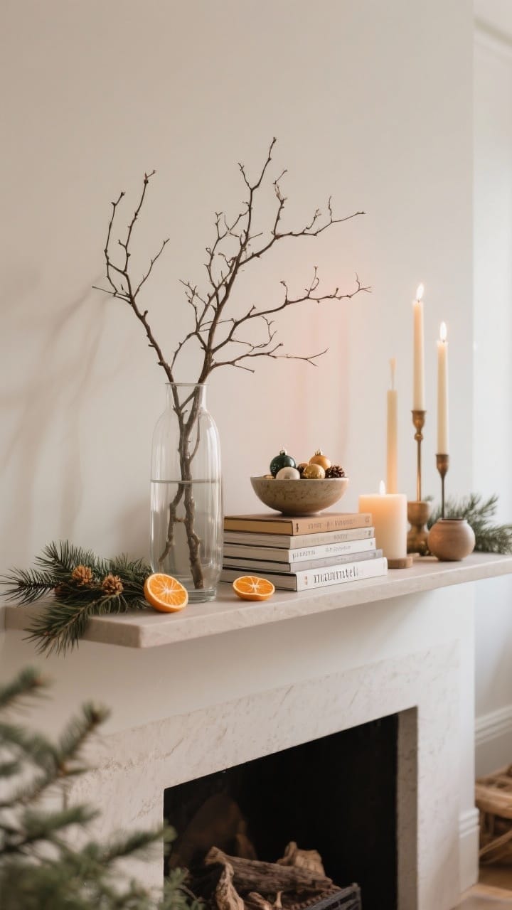 A styled faux mantel on a floating shelf with a branch vase, stacked books, an ornament bowl, pine sprigs and warm candlelight