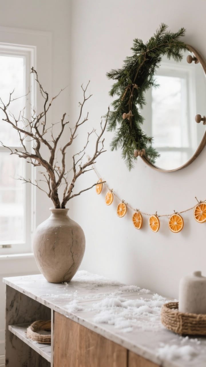 A console table with foraged branches in an oversized vase, an evergreen garland over a mirror on removable hooks and a dried orange garland