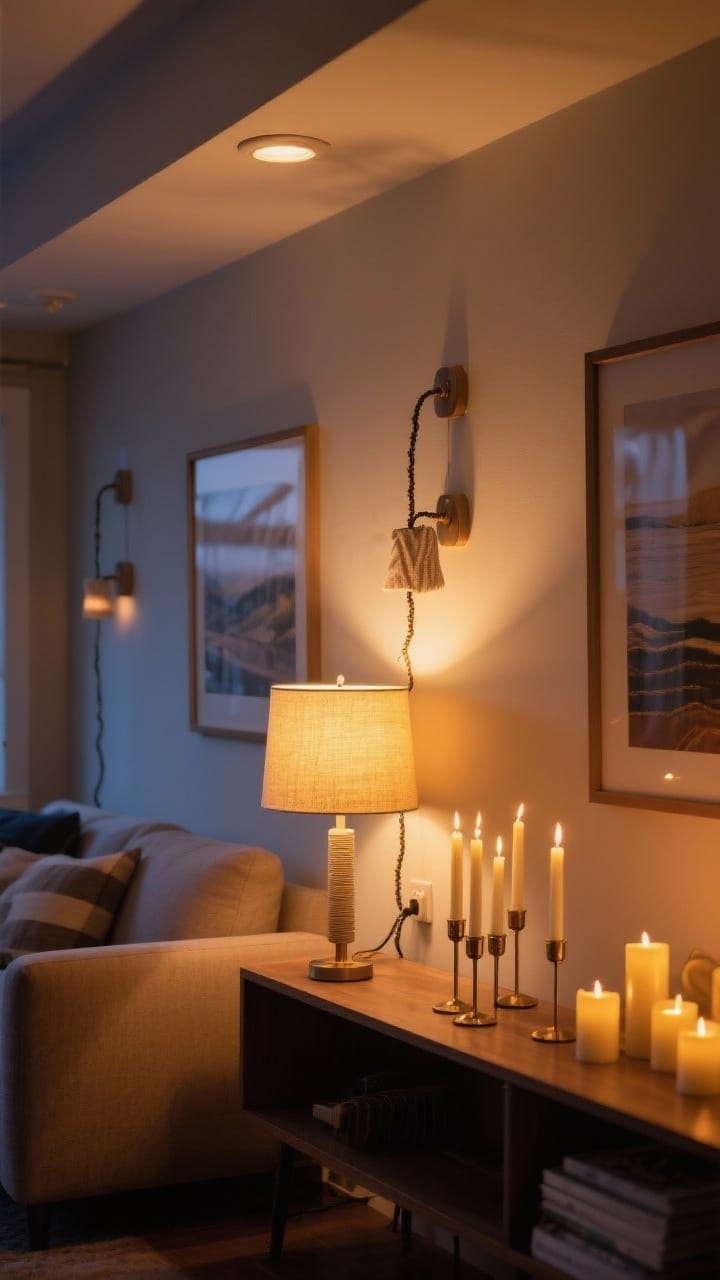 Living room corner at dusk with layered warm lighting: a table lamp with a 2700K bulb, plug-in sconces on adhesive hooks and a cluster of flameless candles