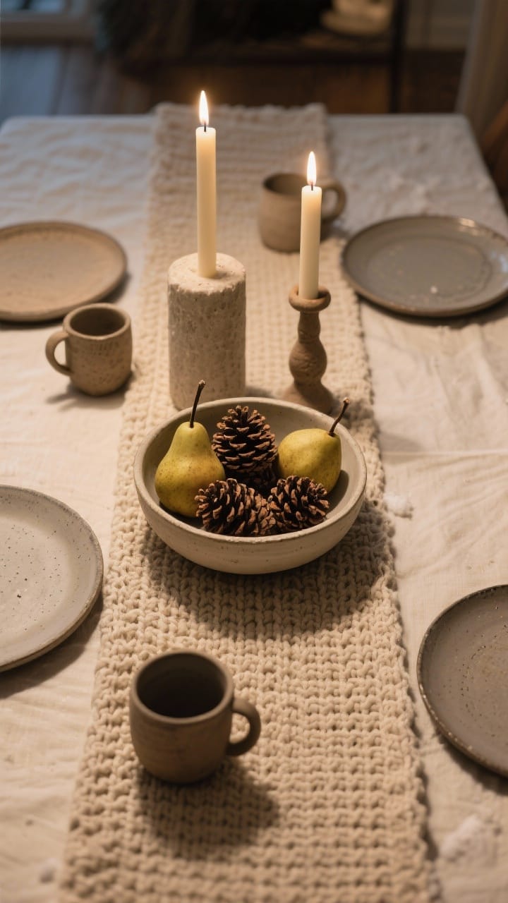An overhead winter tablescape with an oatmeal waffle-knit runner, a ceramic bowl of pinecones and pears, mixed-height candles and matte stoneware plates