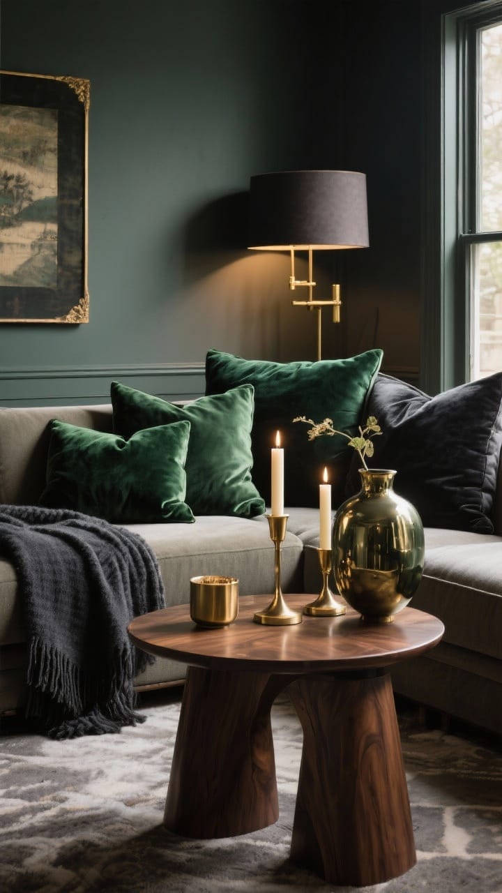 A living room showing a cohesive cozy palette without paint: deep green pillows, a charcoal throw, brass candleholders and velvet accents repeated across the room