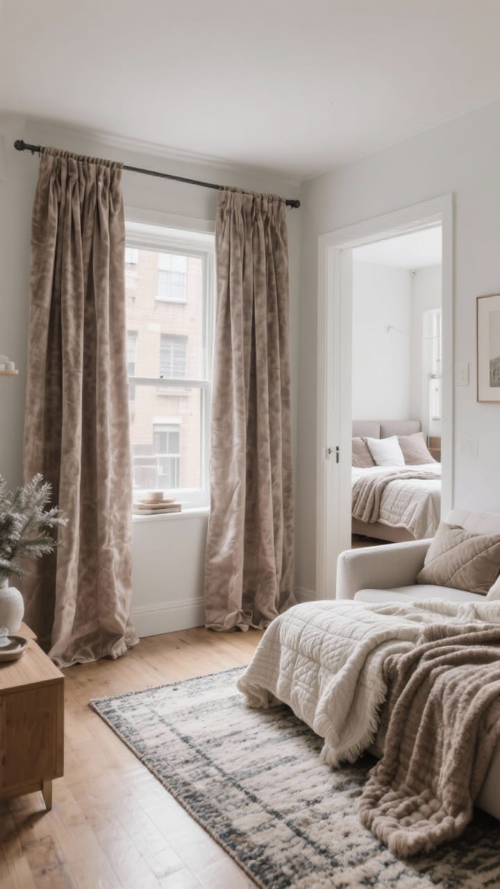 Small apartment living room with seasonal textile upgrades: heavy taupe curtains on a tension rod, a plush rug layered over a flatweave and a glimpse of flannel bedding