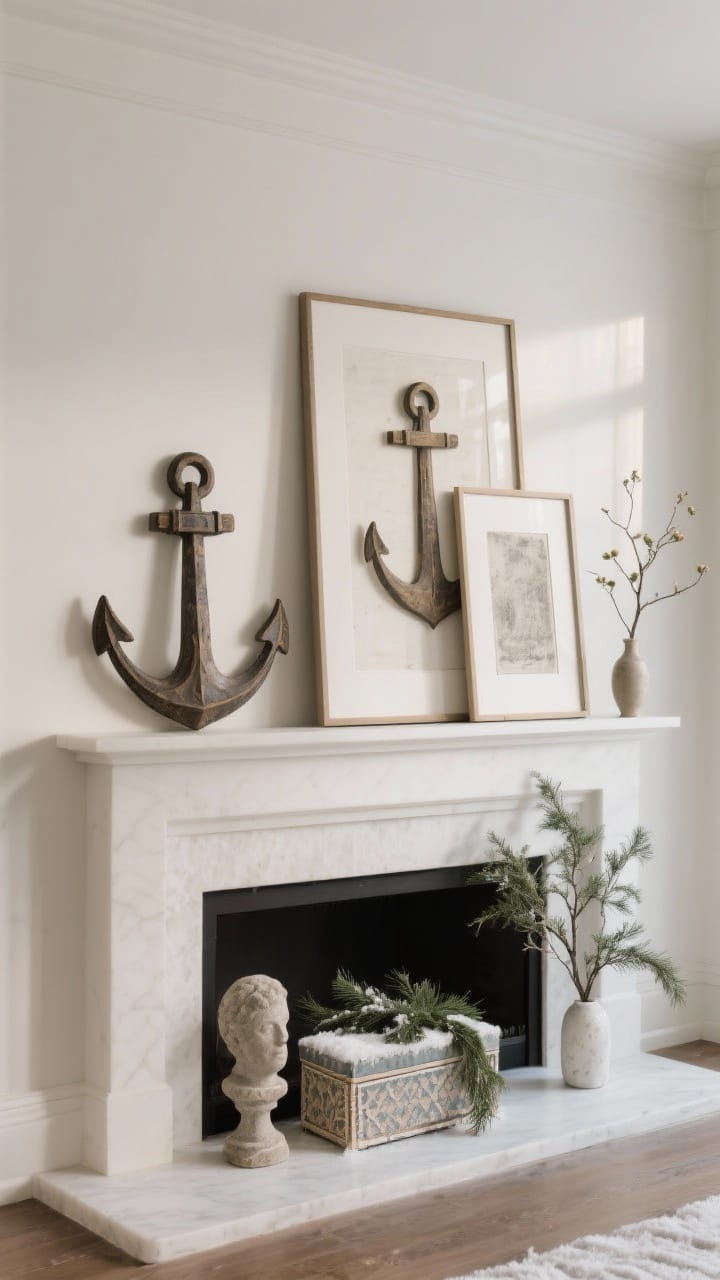 Photorealistic medium shot, gallery mantel moment: three leaning art pieces, one large anchor, one medium, one small, sharing a related frame finish. A small sculpture (stone or ceramic) and a decorative box layered in front for depth. A subtle winter nod: a tiny swag of greenery or a single branch in a bud vase. Clean, curated arrangement with soft directional light.