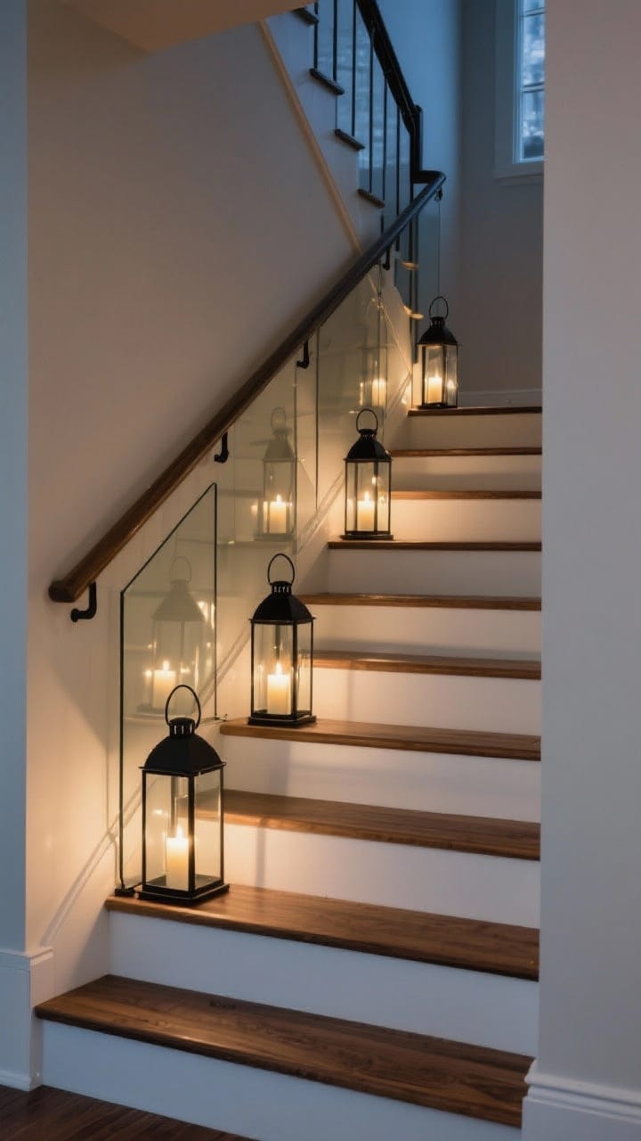 Angled stairway shot from the lower landing, showing candle lantern moments along the side of each step: sturdy glass-sided lanterns in a single finish (black iron) spaced every two or three steps. Soft, safe pathway lighting, reflections in the glass panels, natural wood stair treads, white risers. Evening indoor scene with controlled glow and no clutter in the center of steps.