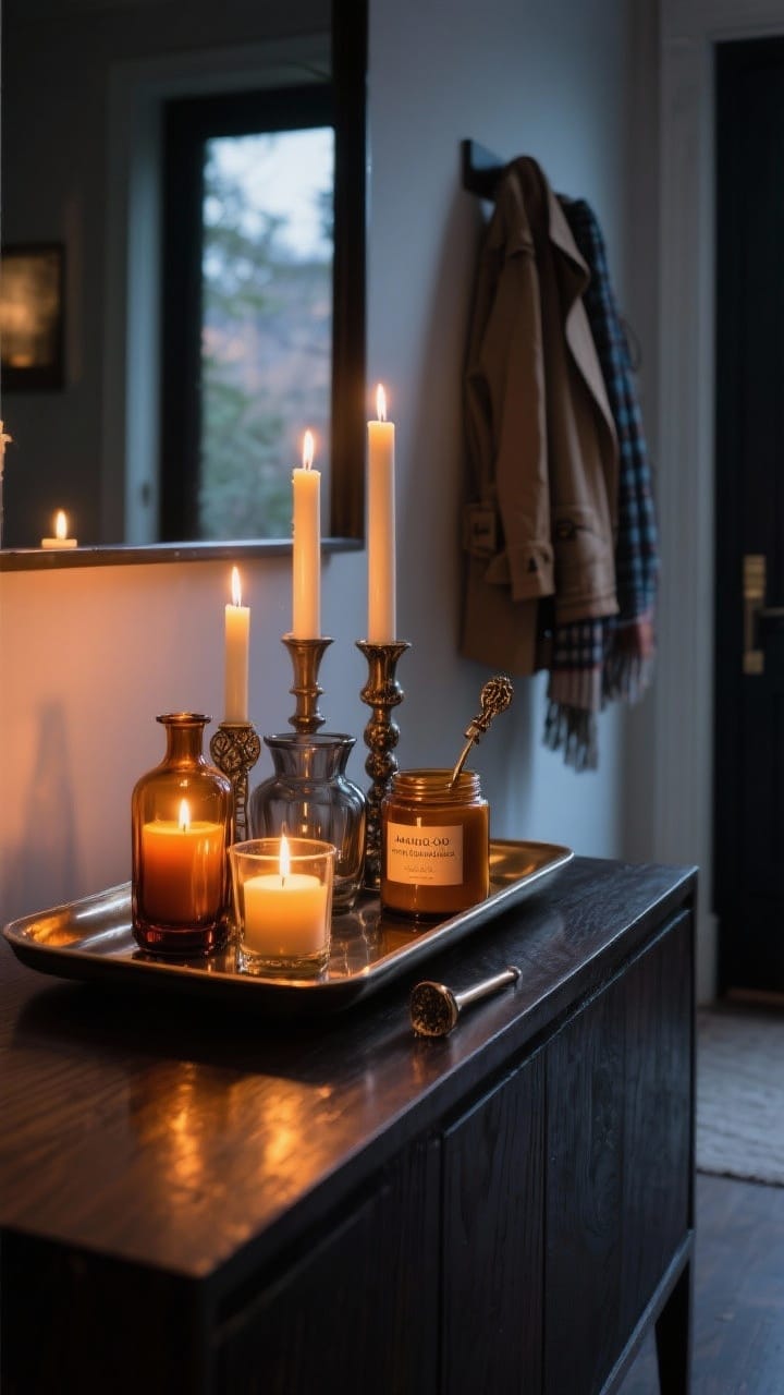 Close, eye-level vignette of an entryway console: a wide tray corrals mixed-height candles in amber and smoky glass holders, with a decorative snuffer beside them. Subtle scent cues. Warm, moody candlelight on a dark wood console; coats and scarves hang at a safe distance out of frame. Gentle shadows and wax reflections on the tray.