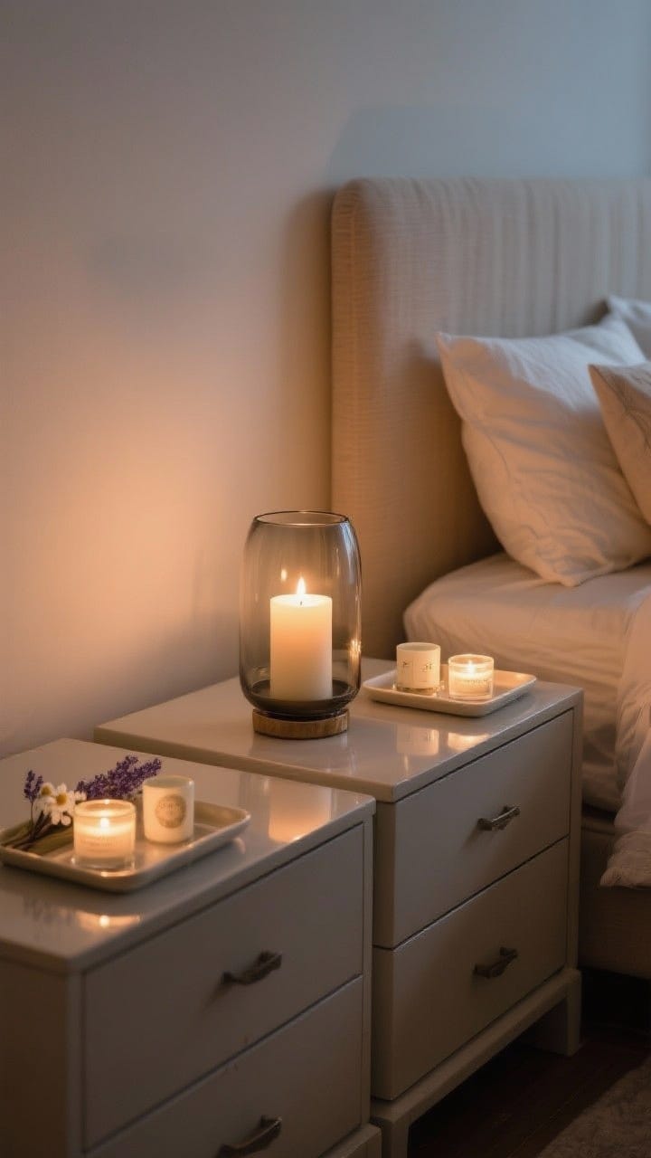 Cozy bedroom medium shot of a candle cocoon: dresser and nightstands styled with trays corralling low-profile holders and soft, sleep-friendly scents. LED candles on the nightstands for safe drift-off; a single pillar candle in a smoked glass hurricane on the dresser casts a subtle, cinematic glow. Warm neutrals, soft bedding textures, gentle, dim evening light with precise candle reflections.