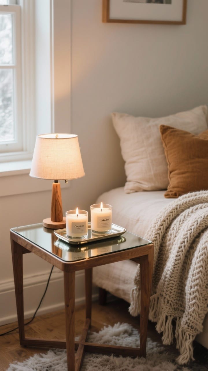 Intimate medium shot of a winter reading nook: a small side table holds two or three candles in low holders on a tiny mirrored tray to amplify glow, paired with a table lamp for practical light. Calming scent candles labeled subtly; wood-wick candle mid-crackle. Cozy textiles (knit throw, linen cushion) in warm neutrals, soft pooled light, with fine grain of wood and wax sheen.