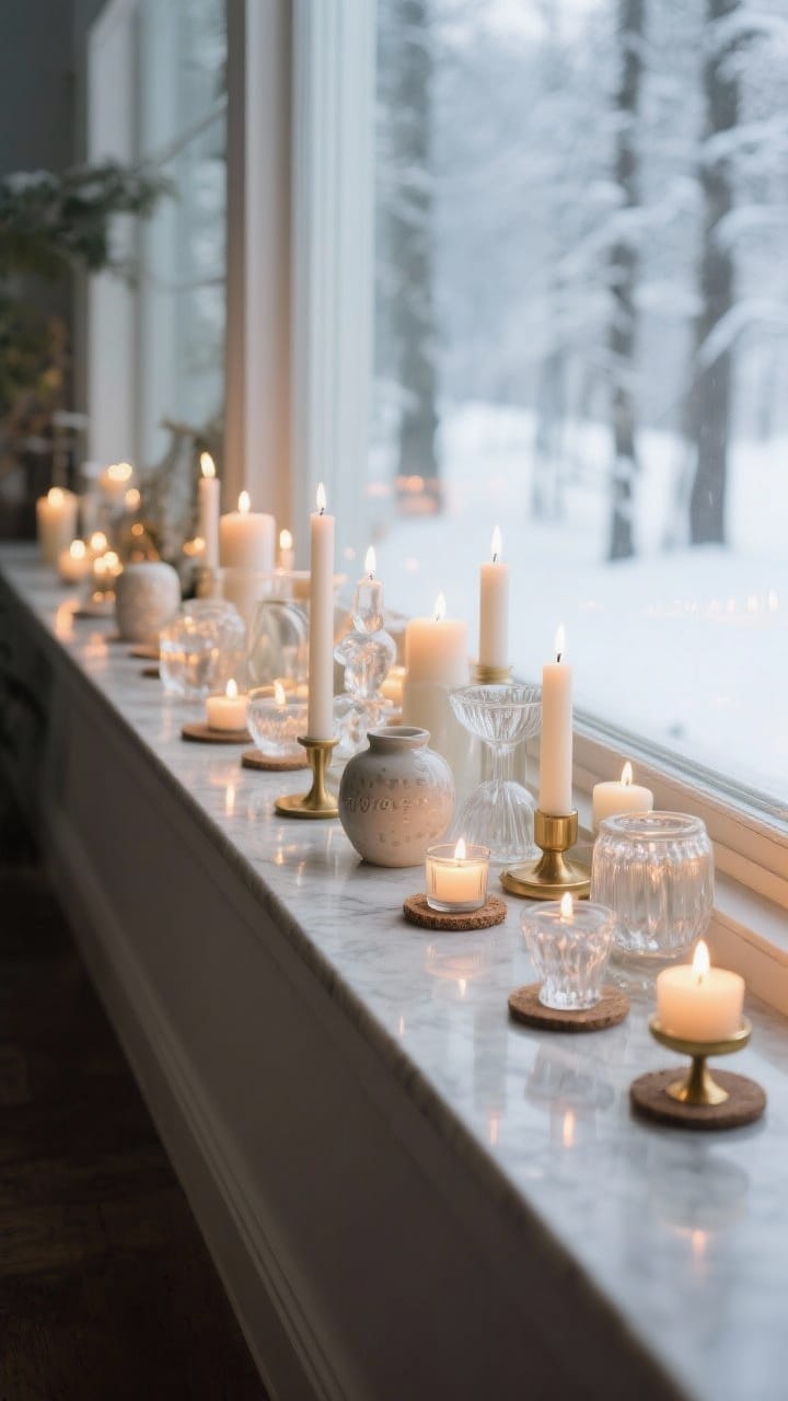 Long window sill “forest” closeup: clusters of tea lights, mini pillars, and small votives arranged with breathing space, all unscented. Mixed materials, frosted glass, ceramic, and clear crystal, create texture and variation. Some candles sit on tiny risers for micro-height differences. A narrow brass or marble ledge lifts the whole look; outside, soft snow blur. Delicate reflections.