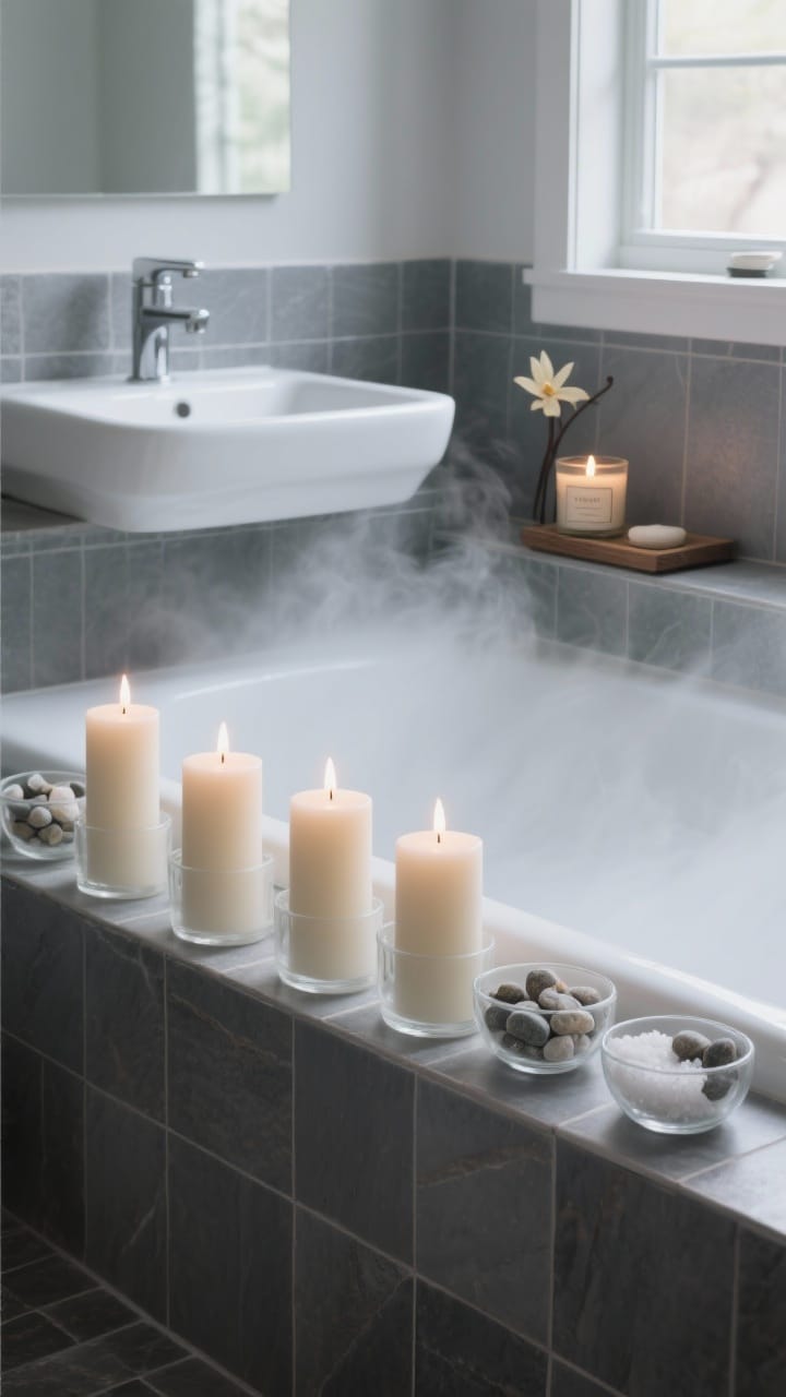 Medium shot of a serene bathroom spa setup: unscented pillar candles lining the tub edge, the back of the sink, and a small window ledge. One cedar-vanilla scented candle sits on a shelf. Candles set into heat-safe bowls filled with pebbles or coarse salt. Frosted glass holders provide diffused, luxurious glow. Cool slate tile, soft steam haze, calm and minimalist Tuesday-night spa mood.