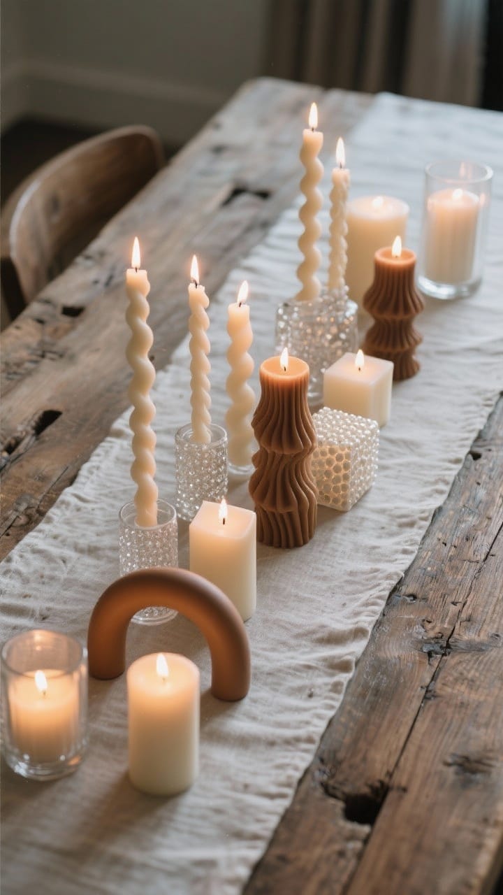 Overhead detail shot of a dining table centerpiece made only of sculptural candles: twisted tapers, bubble cube candles, arches, and chunky pillars arranged in odd numbers on a neutral linen runner over a raw wood board. Palette tightly controlled in cream, taupe, and warm brown. A few clear glass cylinders encase the tallest tapers for cozy, draft-resistant glow.