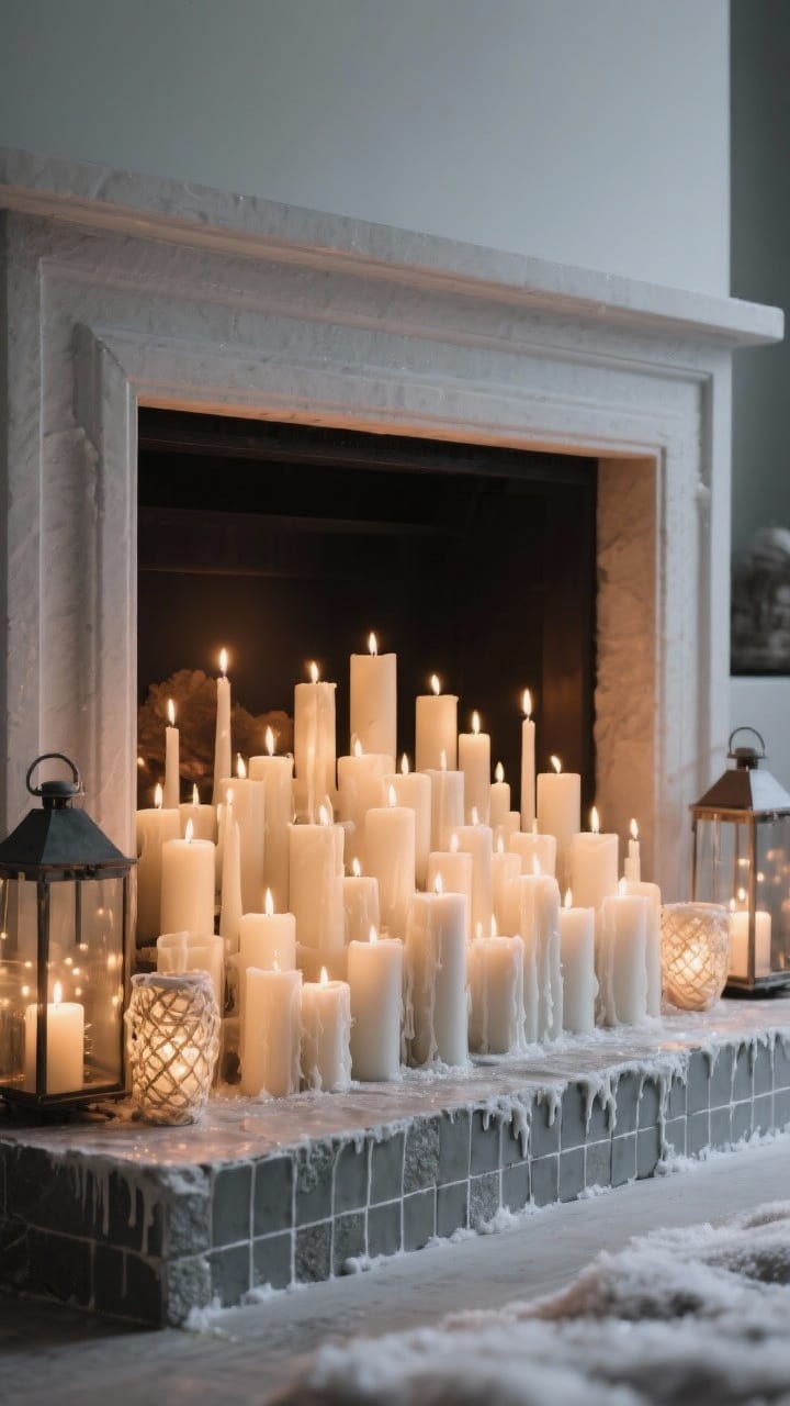 Straight-on medium shot of a fireless fireplace filled with candle clusters: a dense mix of pillar candles at staggered heights, short in front and tall in back, arranged on heat-resistant tiles or a stone slab protecting the hearth. A couple of LED flickering candles woven in for thickened flame effect. Optional lanterns frame the opening. Smoky neutral palette, cozy winter atmosphere, realistic wax drips and flicker.