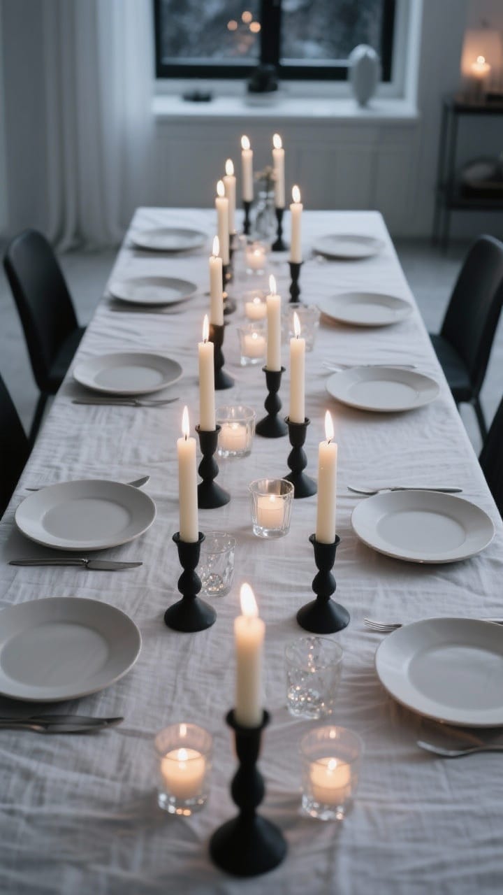 Wide, overhead-angled dining table scene in Nordic style: clean linen tablecloth, simple plates, and a long straight row of 8–12 taper candles in matching matte black holders centered down the table. Muted candle colors, ivory or sand, with a few glass tea lights sprinkled between for layered sparkle. Charcoal accents add edge. Minimalist, clutter-free, cool winter evening with warm candlelight contrast.