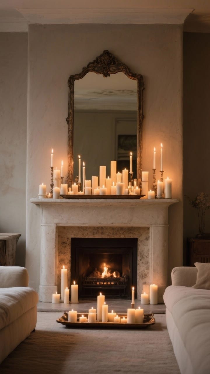 Wide, straight-on living room shot of a glow-heavy mantel styled minimally: clusters of tapers, pillars, and tea lights at varying heights on a long tray runner, all in a single warm ivory/creamy beige palette. A large antique mirror above the mantel reflects the candlelight to double the glow. Old-world, moody ambiance; matte plaster fireplace, muted taupe walls, subtle shadow play.