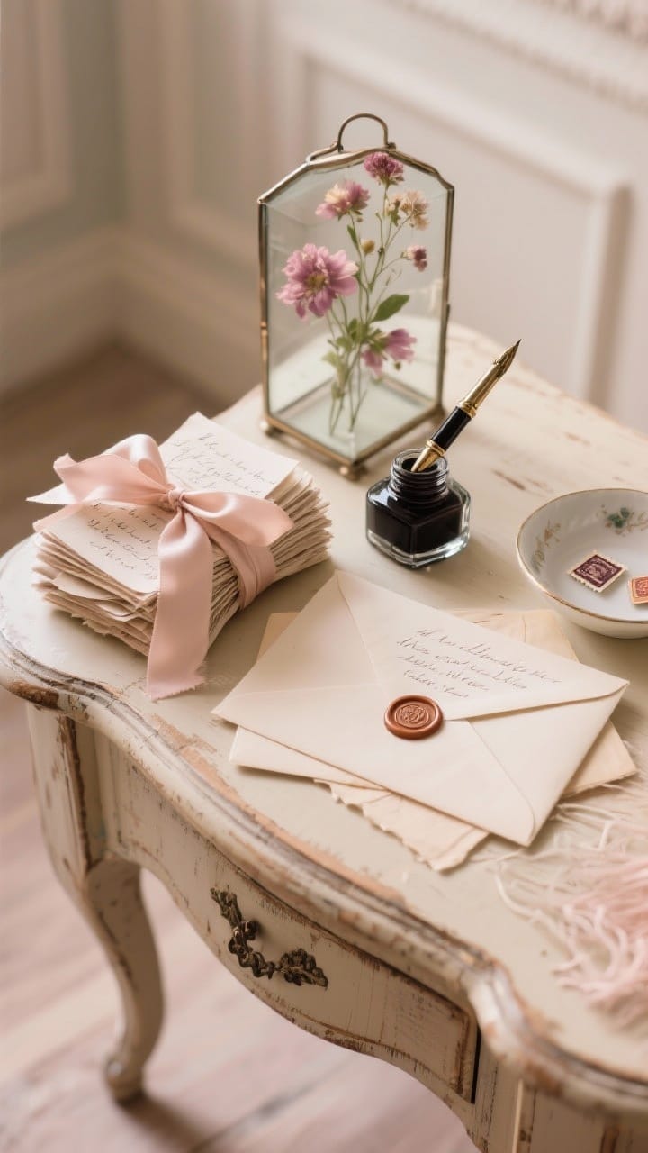 Photorealistic detail shot of a love letter vignette on a small antique writing desk: bundles of handwritten letters tied with soft silk ribbon, a vintage inkwell and nib pen, pressed flowers under glass and peeking from envelopes, and a delicate porcelain dish holding sealing wax and tiny stamps; blush and cream tones with worn wood texture; gentle morning light grazing the paper fibers; closeup from a diagonal top-down perspective.