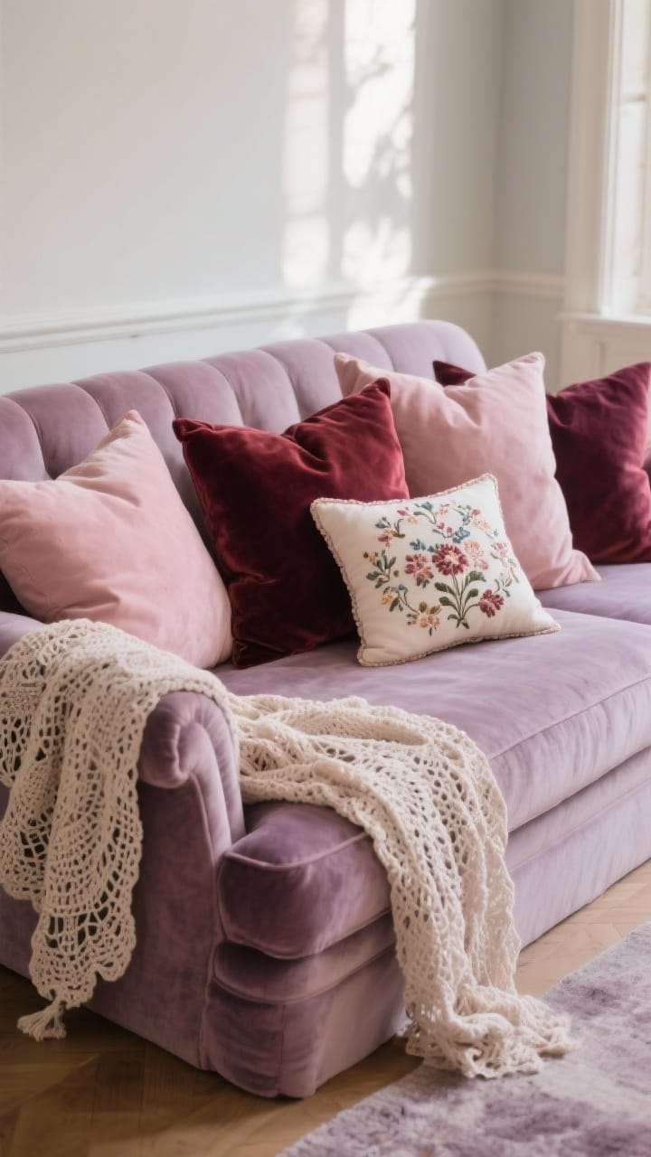 Photorealistic medium shot of a sofa layered with romance: velvet pillows in blush, burgundy, and dusty mauve; a lace or crochet throw casually draped over the arm; a single needlepoint floral cushion adding an old-soul touch; cohesive palette repeated in the room; soft natural afternoon light highlighting fabric nap and lace detail; straight-on framing of the seating area.
