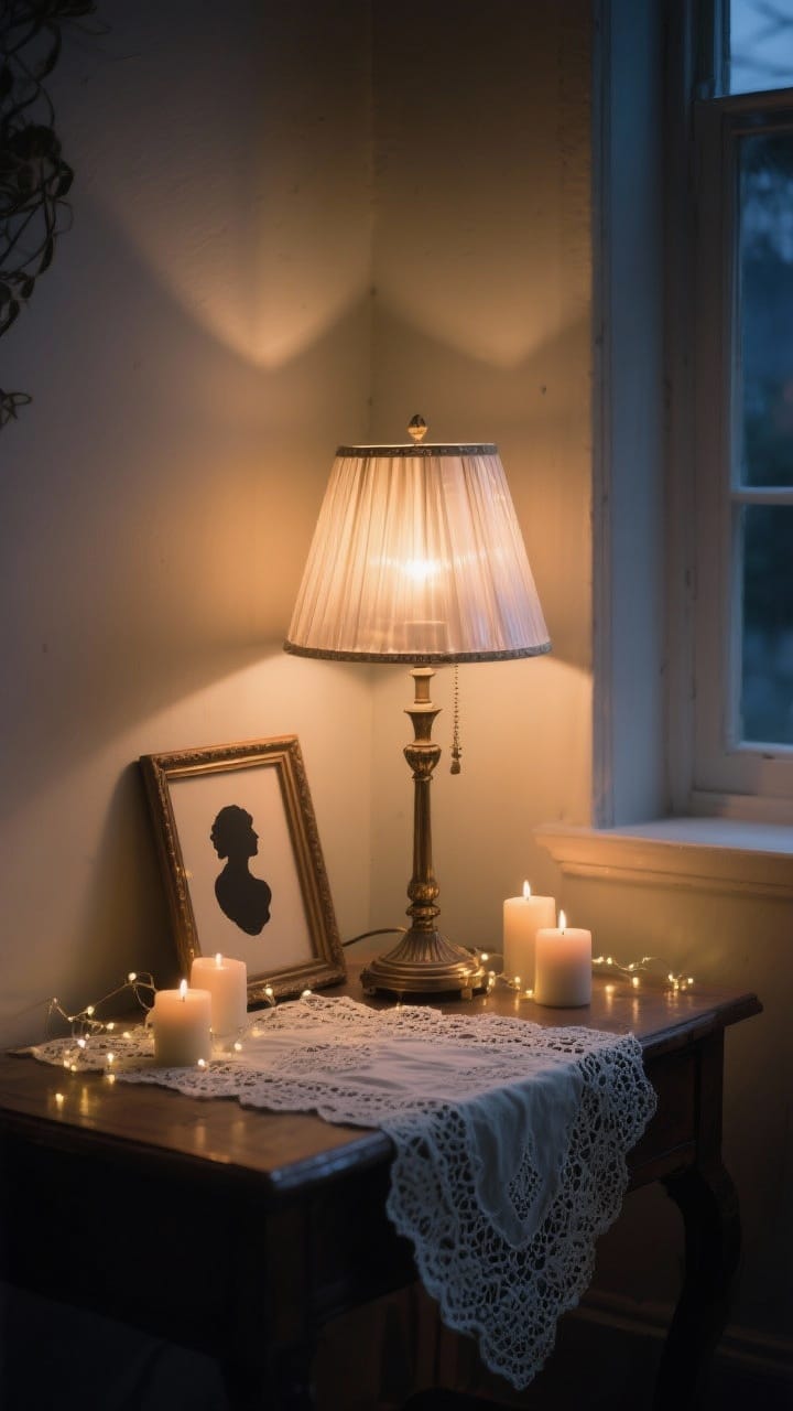 Photorealistic medium shot of a softly lit corner: a petite vintage table lamp with a pleated shade or frosted glass, fitted with a 2700K warm bulb; layered lighting includes the lamp, a few candles, and subtle fairy lights for ambience; a lace doily or embroidered runner beneath the lamp for texture; a framed silhouette or cameo propped beside it; moody evening glow; angled corner perspective.