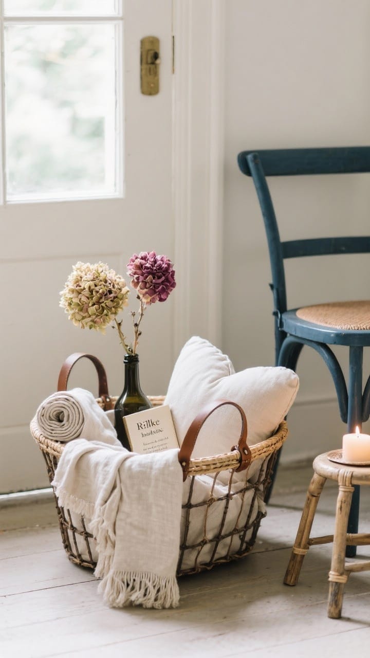 Medium shot of a French market basket with leather handles placed beside an entry chair: filled with rolled linen throws, a small heart pillow, a slender bottle holding dried hydrangeas/peonies tucked inside, and a slim book of French poetry visible (spine showing Rilke or Baudelaire). Nearby candle on a stool suggests a movable cozy vignette. Natural morning light; palette of cream, flax, faded berry, slate blue accents.
