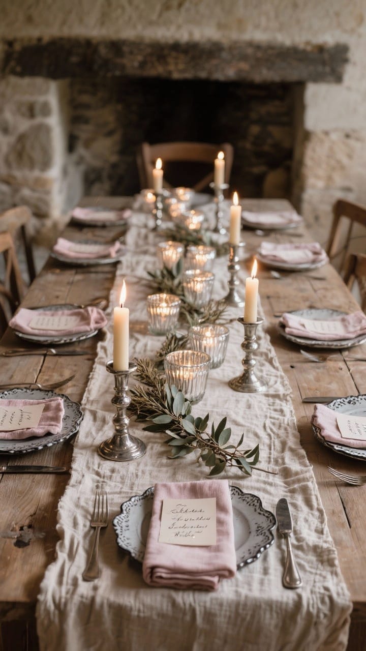 Wide dining table scene in a stone-farmhouse vibe: wrinkled flax linen runner, antique silver candlesticks with creamy tapers glowing; a centered row of mercury glass votives woven with sprigs of dried eucalyptus and rosemary. Place settings of layered ironstone with scalloped edges and mismatched flatware; handwritten French-script place cards tucked into linen napkins. Color palette: stone, oatmeal, dusty rose; candlelit evening ambiance with soft flicker reflections.