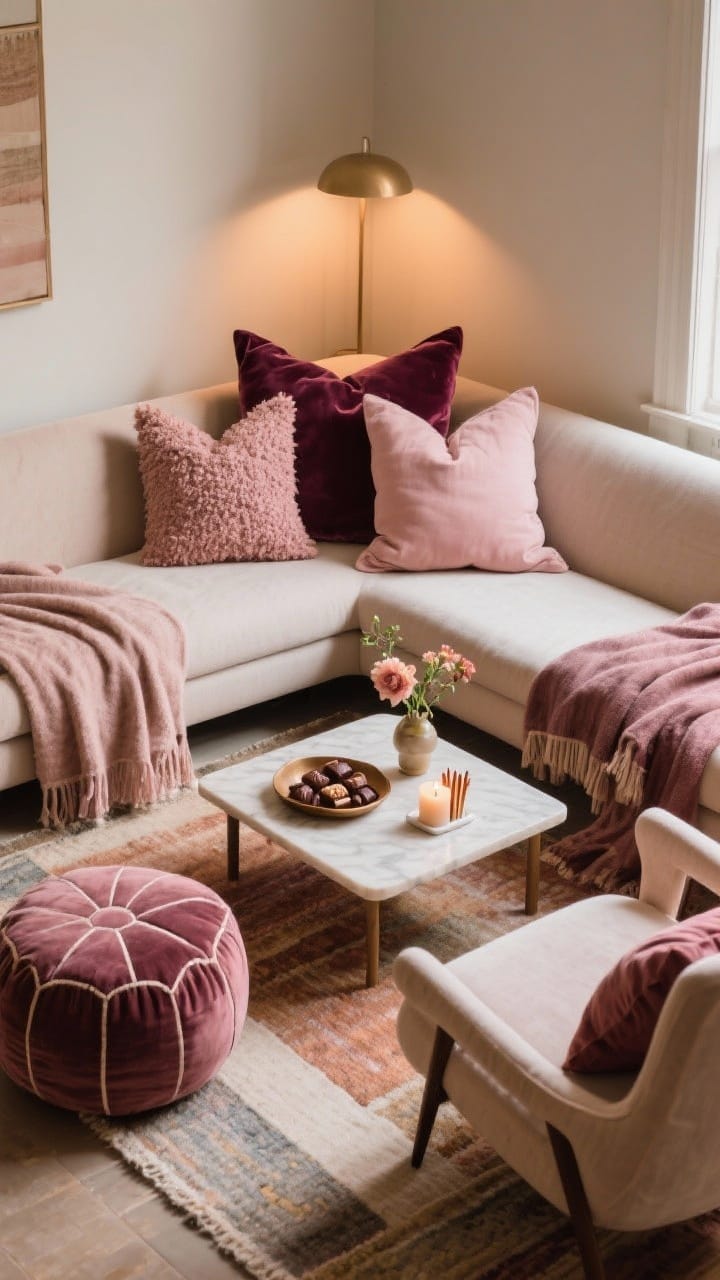 Medium cozy lounge corner from a diagonal angle: a conversation nook with layered textiles—pillows in mixed fabrics (bouclé, velvet, cotton) in blush and wine tones on a sofa and floor poufs, throws draped over chair backs and an ottoman, a low coffee table styled with a tray of chocolates, a small floral bud vase, and matches for candles; a small layered rug anchors the space. Warm, intimate lighting.
