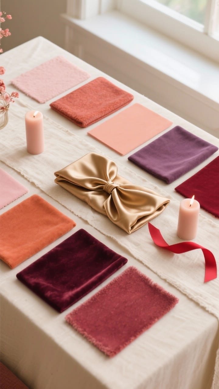 Photorealistic detail closeup: a styled flat lay of Valentine’s color swatches and textures—blush, terracotta, coral, wine, dusty mauve, deep plum, burgundy, and cream—with a single metallic rose gold ribbon. Include velvet napkin, satin ribbon, linen table runner, and matte candles arranged on a cream backdrop; red appears only as a small accent ribbon. Soft natural window light, shallow depth of field.