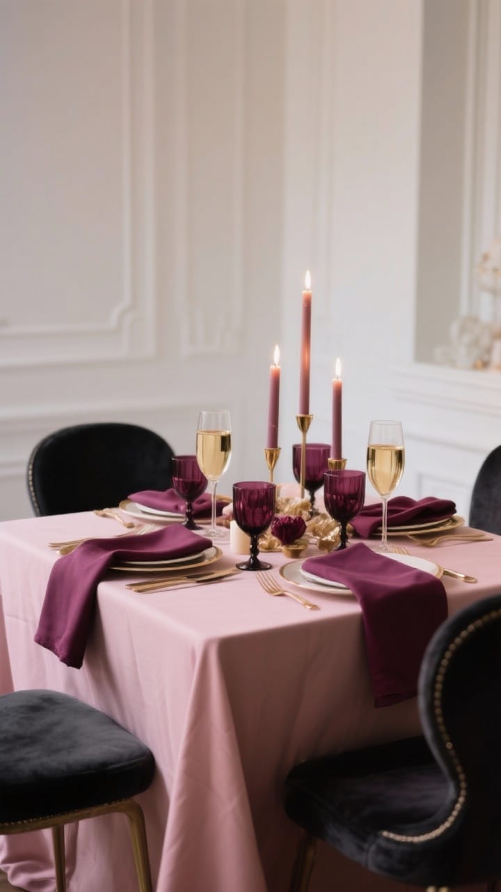 A medium, straight-on shot of an elegant Valentine’s table styled around a refined color story: soft blush, deep berry, champagne, and charcoal. Show a cohesive palette with blush linens, deep berry accents in glassware or napkins, champagne-toned details, and charcoal elements anchoring the scene. Include pairings like blush + champagne + gold, or burgundy + mauve + matte black, with no more than four colors total. Moody, romantic lighting with gentle candle glow, photorealistic, no people.