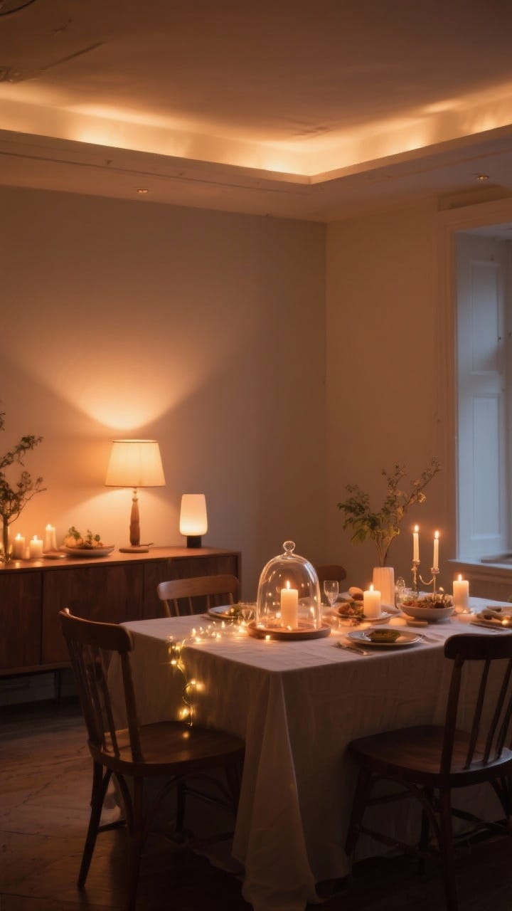 A wide room shot capturing a soft, romantic glow around the table: dimmed overheads, pools of candlelight and a warm table lamp, fairy lights under a glass cloche or along a sideboard, plus a discreet diffuser positioned away from food. Use warm bulbs (2700K–3000K) for flattering light. The scene feels cocooned and intimate, with gentle contrast and no harsh hotspots.