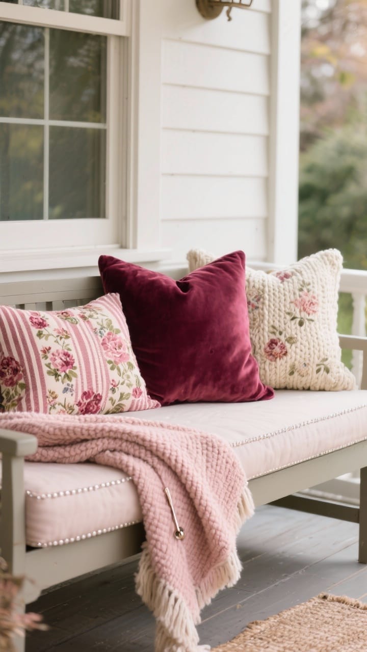 Medium shot of a porch bench styled for Valentine lounging: cushions and throws in wine, blush, and cream with chunky knit and velvet textures. Show a pattern trio of florals, stripes, and solids in the same color story. Drape a throw diagonally across the bench, secured discreetly with a hidden safety pin. Include weather-resistant outdoor cushion fabric with subtle water-bead detail. Soft natural light, inviting and cozy.