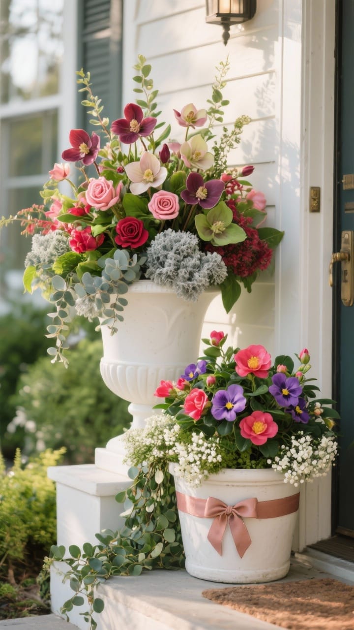 Medium shot of planters bursting with Valentine color at a porch entry: one arrangement for cool climates featuring cyclamen, hellebores, and dusty miller (frosty-romance palette), another for mild climates with camellias, pansies, and trailing ivy. Include a white urn with faux roses, eucalyptus, and baby’s breath. Each planter has a ribbon band with a small bow. Morning light, lush and lively greenery.