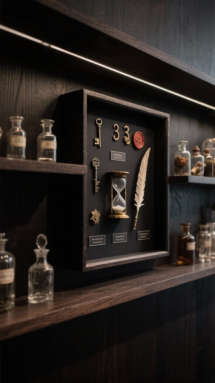 Closeup detail: A curated curios display on a dark wood shelf, shadow box with small treasures (keys, wax seals, quill tips) with neat labels, grouped objects in odd numbers (3s and 5s) including an hourglass and apothecary bottles; one dramatic piece centered while flanking areas remain minimal; moody, museum-like lighting; no people, photorealistic