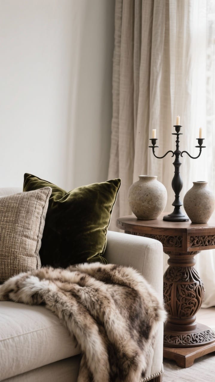 Closeup detail: A layered texture composition on a sofa and side table, velvet pillows, linen curtains softly blurred in background, a faux fur throw draped over the arm; on the carved wood side table sit stoneware vases and a dark metal candelabra; mixed materials clearly visible with tactile realism; no people, soft natural daylight
