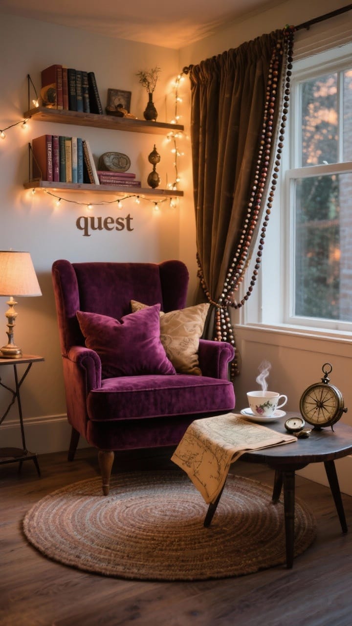 Medium shot: A cozy quest reading nook with a high-back chair in deep jewel tone, plush throw pillows, a small round area rug to define the space, layered lighting from a small lamp and string lights, a wall shelf holding favorite books and trinkets; on the side table: a steaming tea cup, a vintage compass, an old map, and a weathered pocket watch; bead strands partially curtain the nook for secret-lair energy; no people, warm evening light