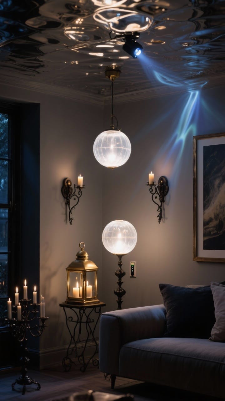 Medium shot: A moody living room corner featuring glowing orb lamps and frosted globe pendant casting warm white 2700-3000K light, wrought-iron wall sconces, remote-control candles placed inside a brass lantern and a dark metal candelabra; a subtle ceiling projector casting gentle aurora patterns; metallic reflections on a nearby framed art piece for a spellbinding nighttime atmosphere; no people, photorealistic