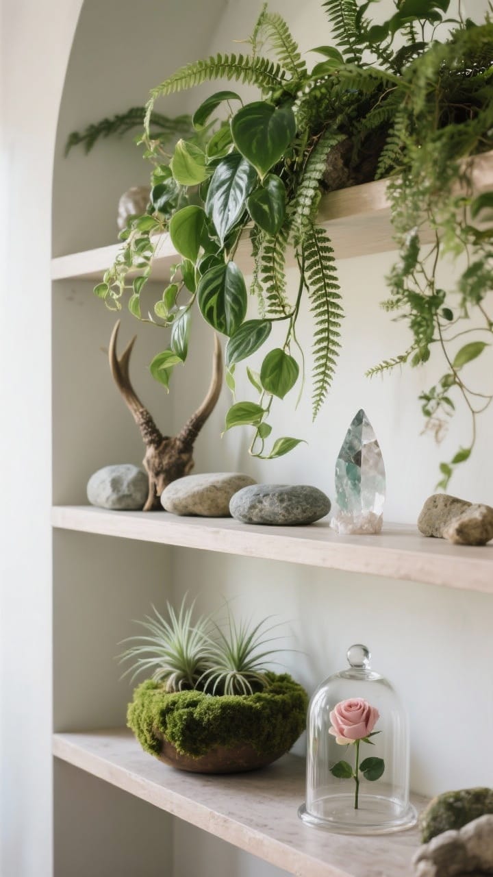 Medium shot: A shelving unit styled with nature, trailing pothos and philodendron cascading down, lush ferns for woodland vibes, a moss bowl and air plants for low maintenance mystique; arranged with smooth stones, a shed antler, crystals, and a single rose under a glass cloche on the middle shelf; soft daylight for a fresh, living-world feel; no people, photorealistic