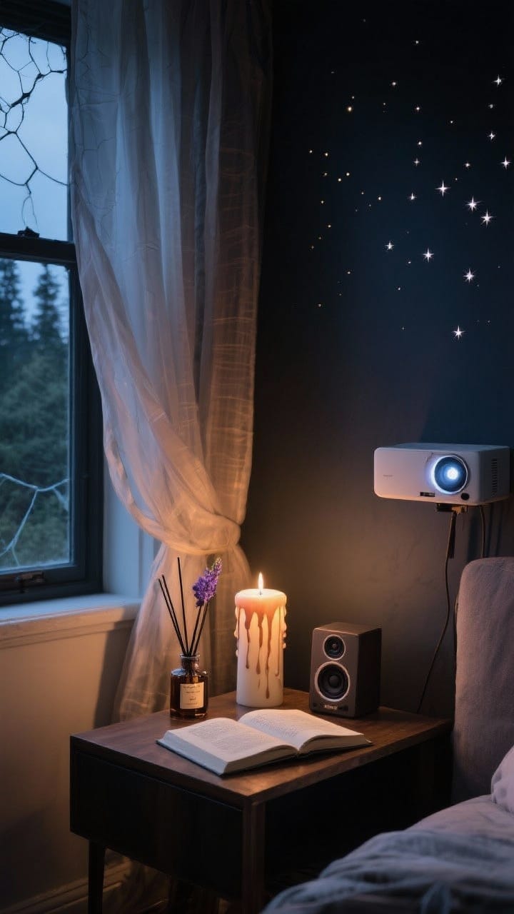 Medium shot: Sensory atmosphere corner, sheer curtains gently moving near a cracked window, a diffuser emitting cedar-amber-lavender scent beside a candle with artful wax drips, a small speaker playing soft harp and ambient forest sound (not visible as text), and a projector casting slow-moving stars across a deep-toned wall; a bookmarked novel left open on a side table; no people, photorealistic, cozy evening glow