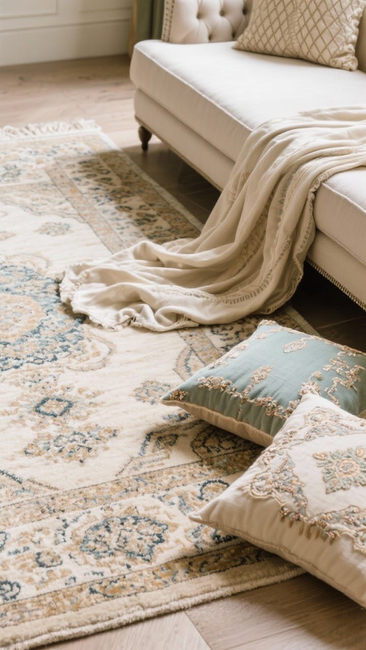 Overhead shot: Layered textiles on a living room floor, two rugs slightly askew with a faded Persian-style hero pattern over a neutral textured rug; flowing drape fabric folded nearby, embroidered pillows in palette-coordinated tones, subtle caned and tufted upholstery details peeking into frame; colors cohesive to a chosen scheme; no people, soft natural light
