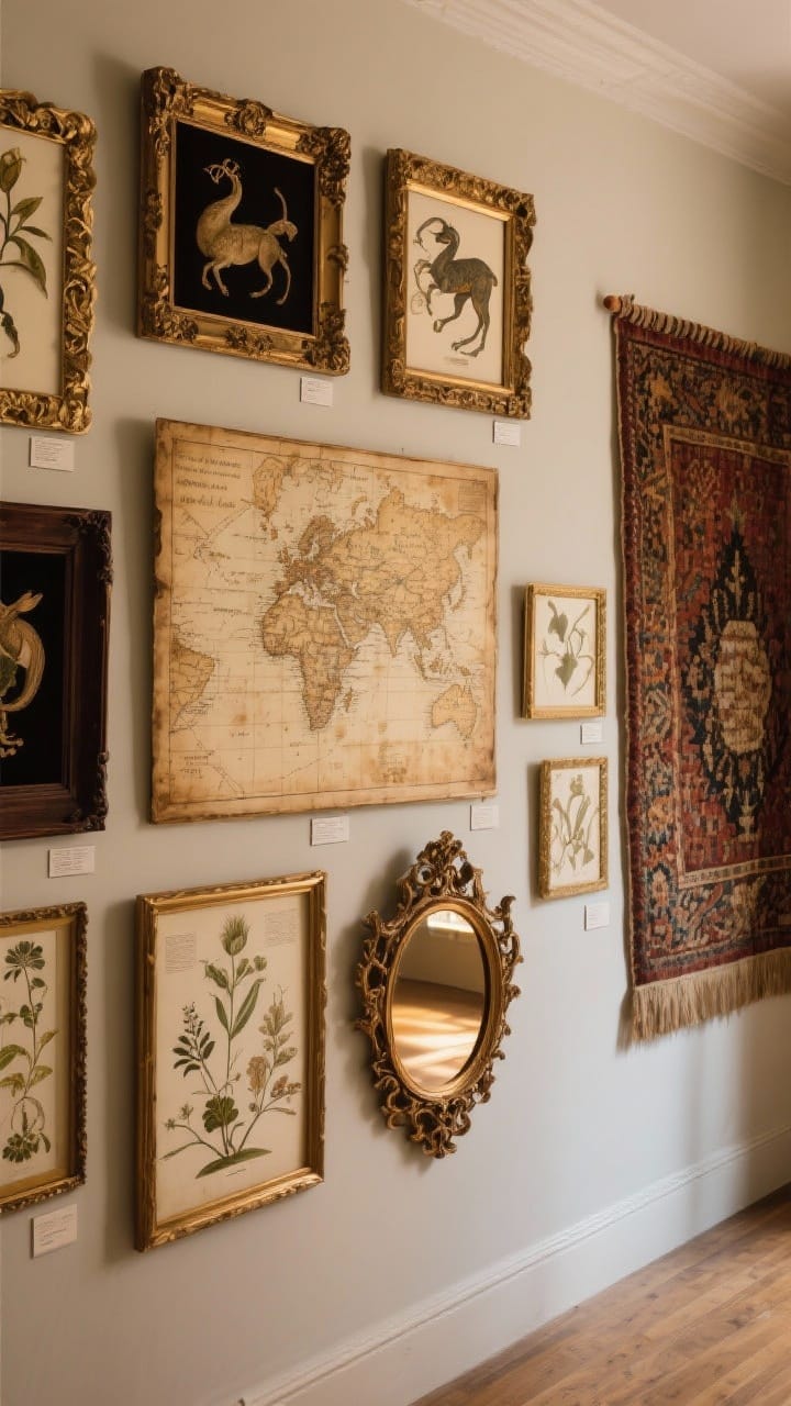 Straight-on wall shot: A curated gallery wall that looks like lore, ornate mismatched gold and dark wood frames containing mythical creatures, botanical diagrams, an aged map as the centerpiece; a richly woven tapestry hanging to one side for softness; a baroque-framed mirror catching warm light; subtle tea-stained texture on the map; no people, photorealistic, warm ambient lighting