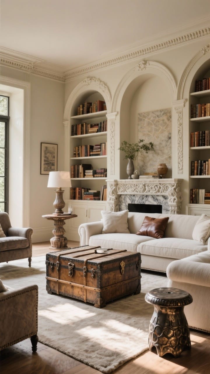 Wide shot: A balanced living room featuring legendary-feel furniture with practicality, an antique trunk or chest as coffee table, arched bookshelves with crown molding, pedestal side table and hammered metal accent stool; carved details, stone or marble accent, and leather with patina; heavy pieces balanced by airy elements so it feels evocative but not dungeon-like; no people, warm afternoon light