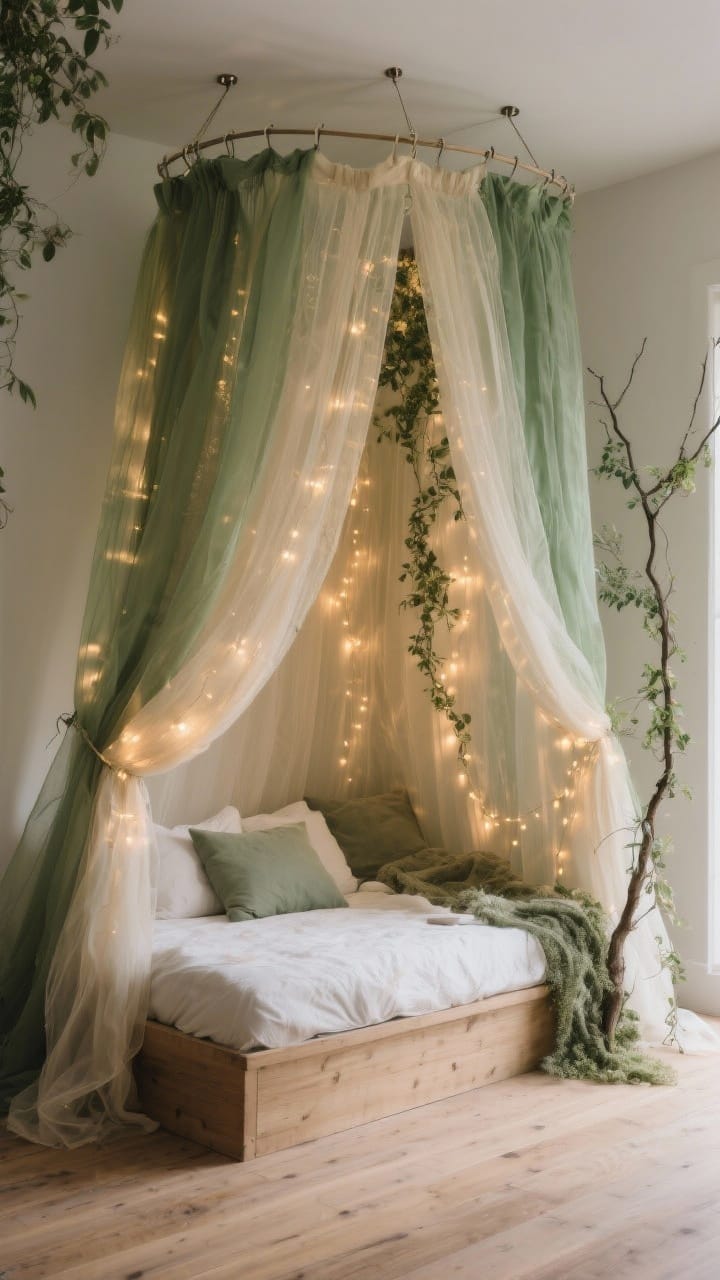 Wide shot: A bedroom reading nook with a forest canopy of layered sheer gauzy drapes in soft green and cream suspended from ceiling hooks and curtain wire over a cushioned daybed; warm fairy lights woven through the fabric, a lightweight faux vine and a slender branch edging one side for texture; neutral walls, natural wood floor, and a soft, organic, ethereal feel; no people, photorealistic, warm ambient glow
