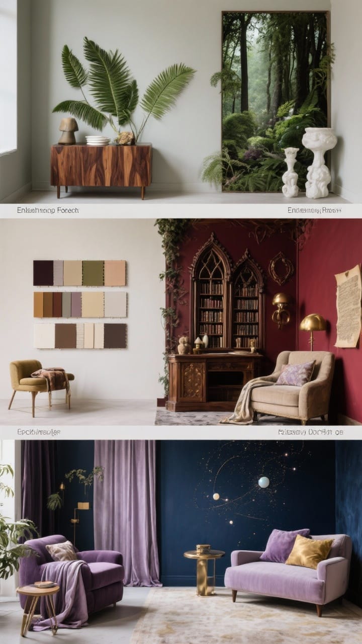 Wide shot: A styled vignette showing three mood palettes as decor zones, Enchanted Forest (sage, fern, walnut wood, bone white accents), Gothic Library (oxblood, espresso wood, brass, parchment tones), and Celestial Dream (midnight blue, lavender, soft gold, opal); each with a wall swatch board, small furnishings and fabrics; one zone with neutral walls and bold decor, another with dramatic painted walls and softer furnishings; no people, photorealistic, studio-lit