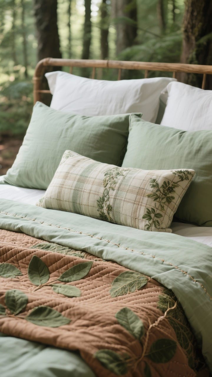 Closeup detail of a forest-focused bedscape: linen or percale sheets in soft sage, a moss or clay-toned duvet, a topper quilt with stitched leaves or fine herringbone pattern. Pillow stack includes two textured euro shams, two standards, and a long lumbar in subtle plaid or embroidered botanical. Soft, diffused light emphasizing layers and stitching.