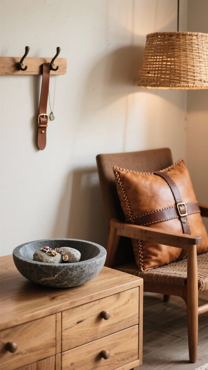 Detail shot showcasing tactile accents: a slate or soapstone bowl holding jewelry on a wooden dresser, a stitched leather pillow on a chair, strap-style leather wall hooks, and a rattan lampshade casting warm texture. Include a small river rock bowl. Soft, warm light highlighting stone, leather, and woven textures.