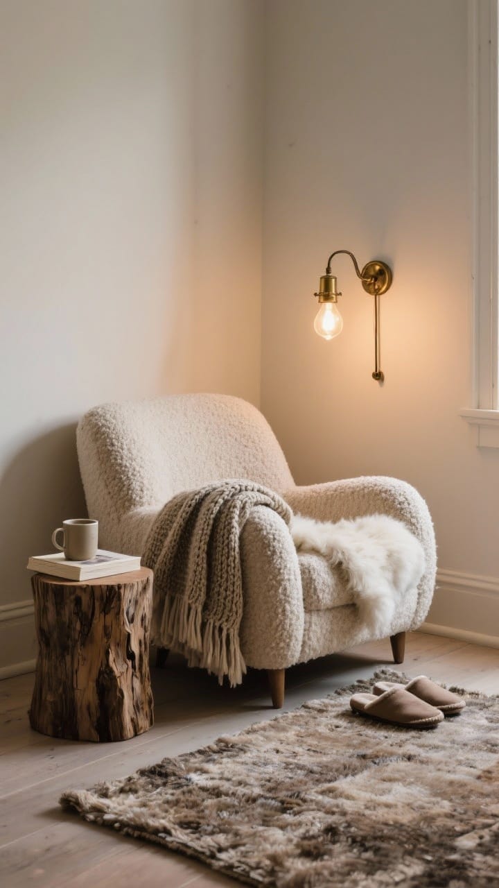 Medium shot of a cozy reading nook: a low, deep chair in bouclé with a draped faux sheepskin, a small stump side table just big enough for a mug and book, and a swing-arm wall sconce in antique brass with a warm bulb. A knit throw folded on the arm and slippers on a wool rug nearby. Inviting, intimate lighting.