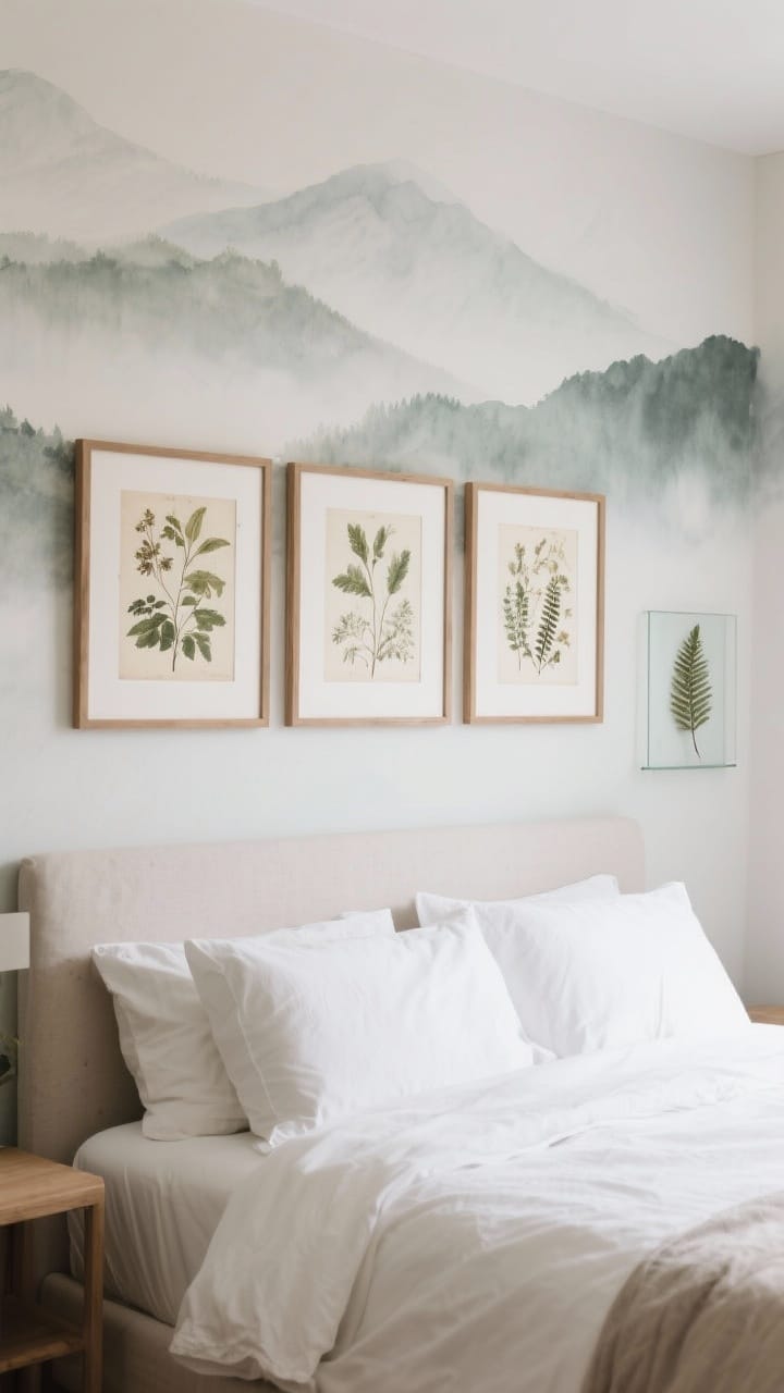 Straight-on view of nature-inspired art: three vintage botanical prints in simple wood frames above the headboard; nearby wall features a softly faded watercolor-style mural of misty mountains in muted tones. Include a small floating glass frame with pressed fern fronds on a side wall. Keep bedding simple to balance the artwork. Calm, curated mood.